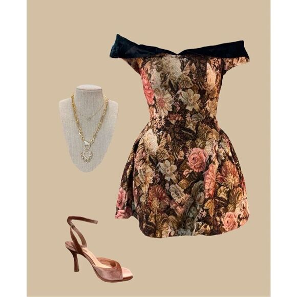En Saison Capture Off Shoulder Fit & Flare Floral Brocade Mini Dress Winter S - Picture 4 of 5